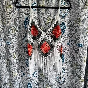 Crochet Fringe Halter Top in orange, Green and White